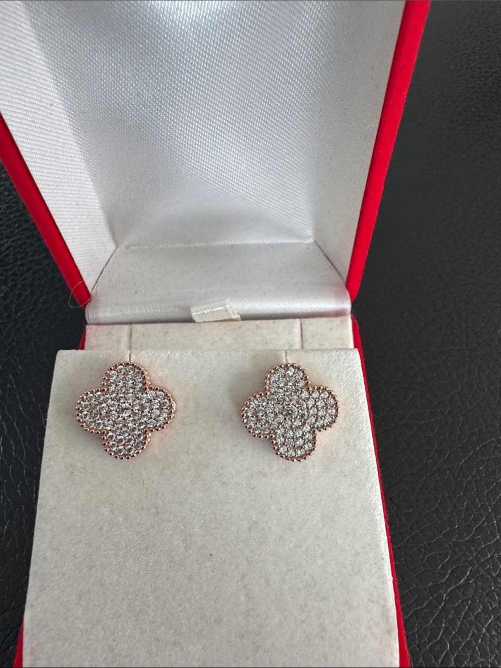 925 sterling silver cz earrings CZ clover plated 14 k pink gold